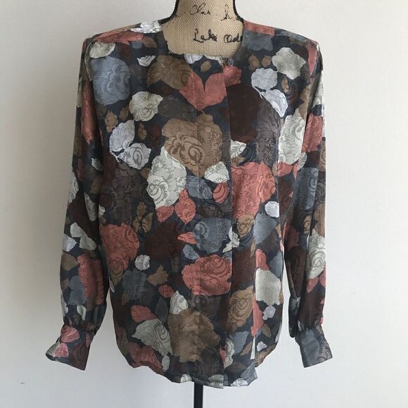 Vintage Womens Silky Floral Blouse Size 10 Multicolor Hidden Button Placket Fall - Picture 1 of 10